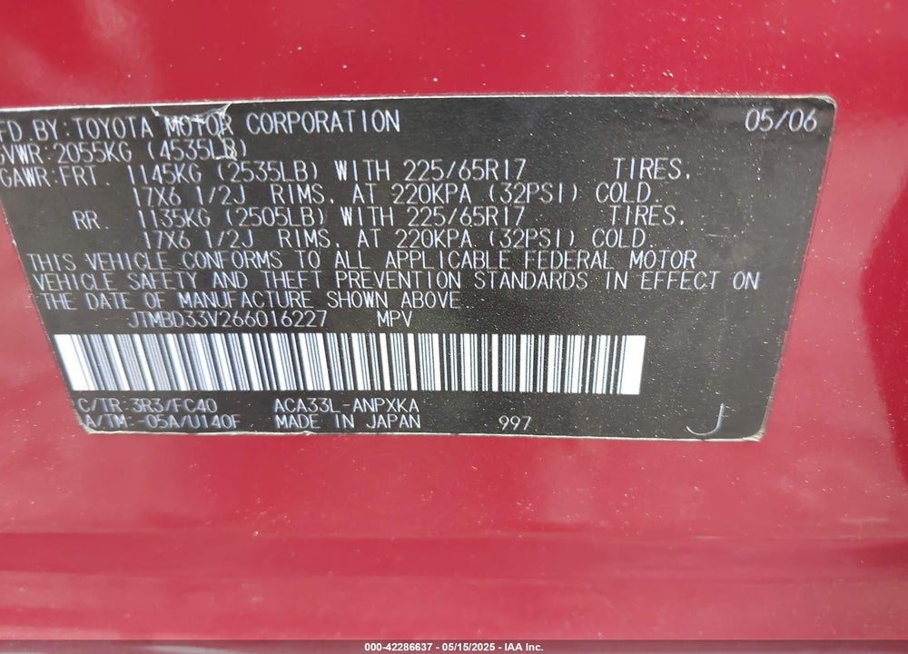 2006 TOYOTA RAV4 VIN: JTMBD33V266016227