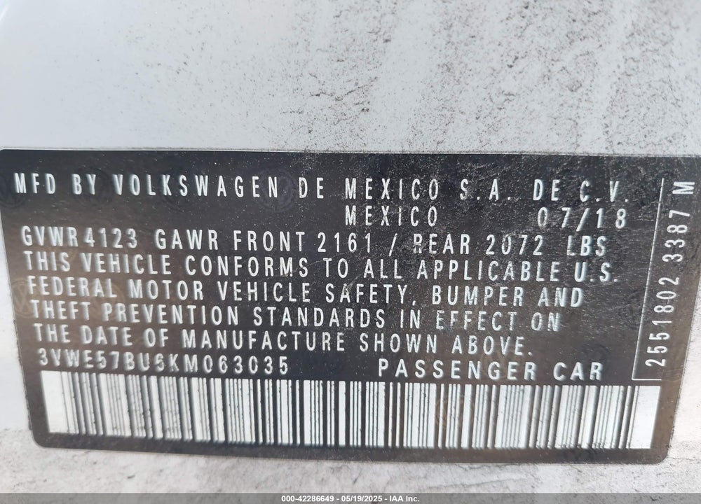 2019 VOLKSWAGEN JETTA VIN: 3VWE57BU6KM063035