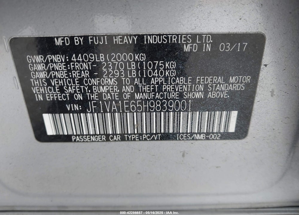 2017 SUBARU WRX PREMIUM VIN: JF1VA1E65H9839001