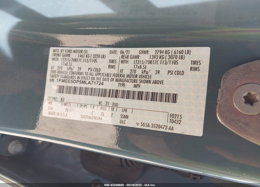 2021 FORD BRONCO VIN: 1FMEE5DP5MLA71724
