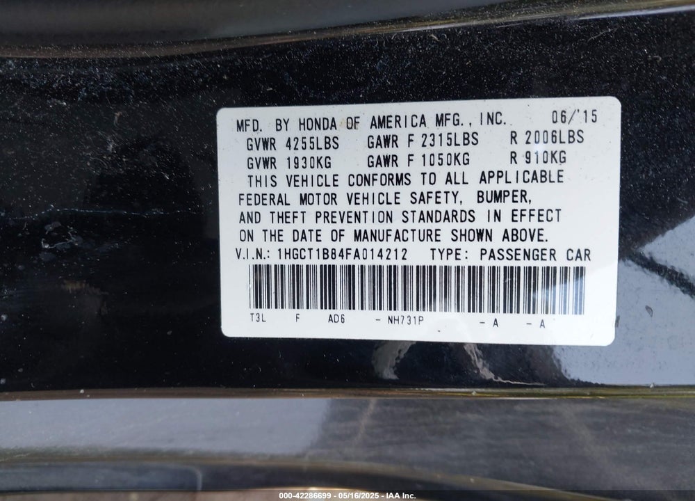 2015 HONDA ACCORD VIN: 1HGCT1B84FA014212