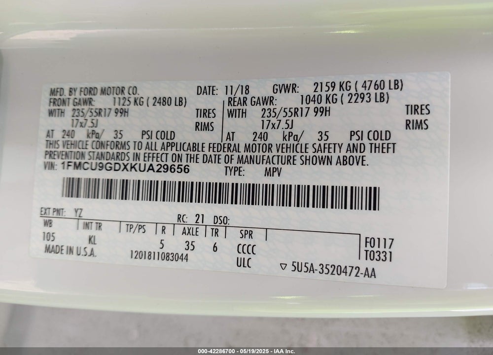 2019 FORD ESCAPE SE VIN: 1FMCU9GDXKUA29656