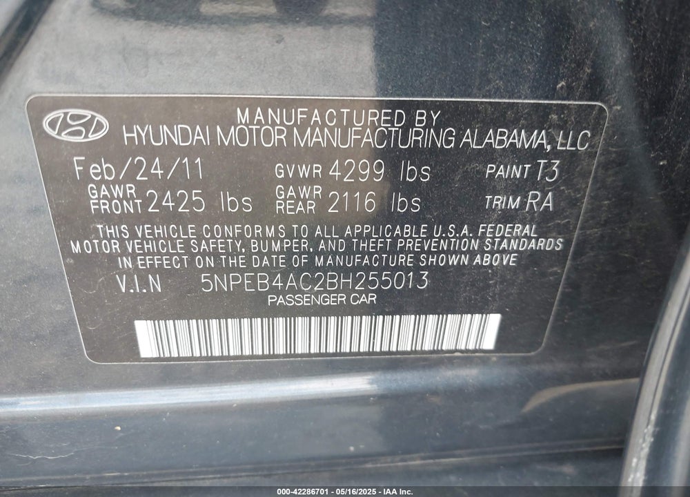 2011 HYUNDAI SONATA VIN: 5NPEB4AC2BH255013