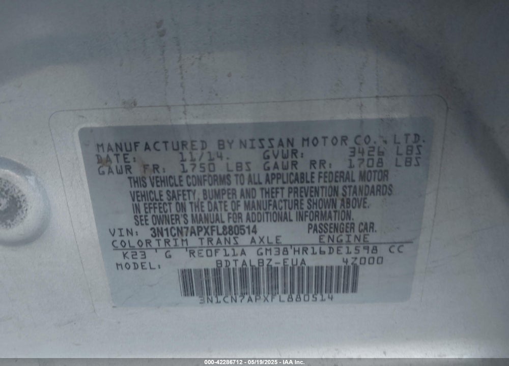 2015 NISSAN VERSA VIN: 3N1CN7APXFL880514