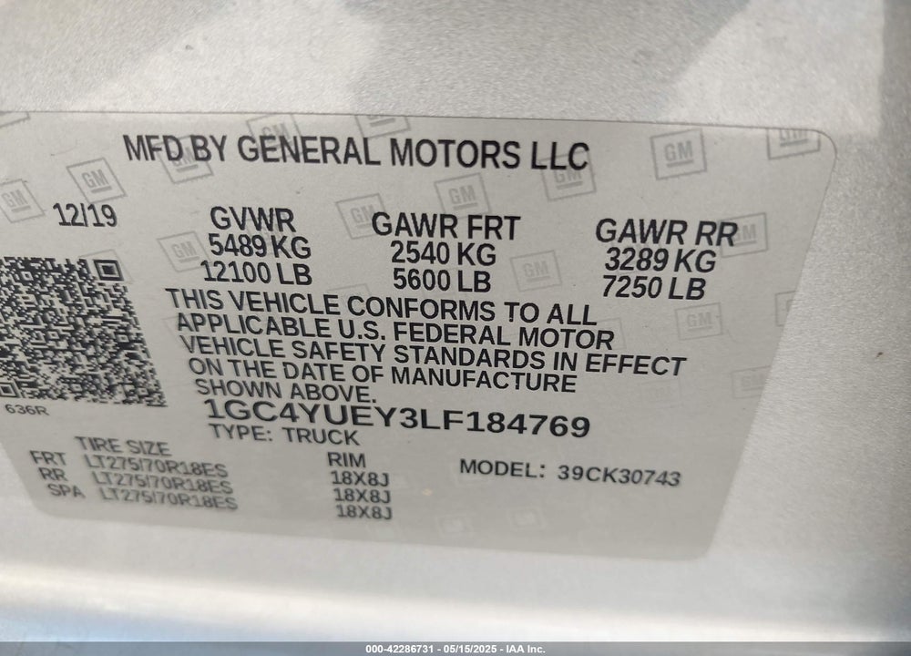 2020 CHEVROLET SILVERADO 3500HD VIN: 1GC4YUEY3LF184769
