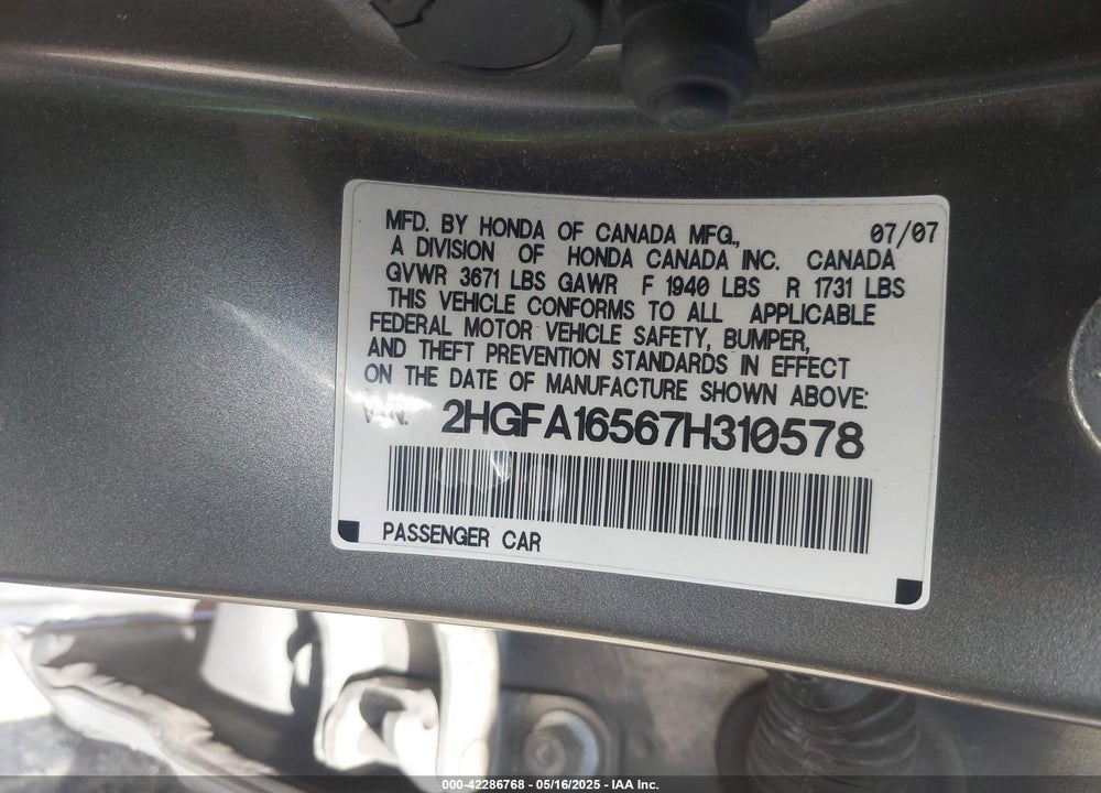 2007 HONDA CIVIC LX VIN: 2HGFA16567H310578