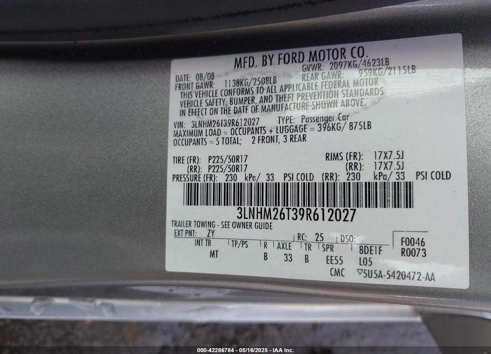 2009 LINCOLN MKZ VIN: 3LNHM26T39R612027