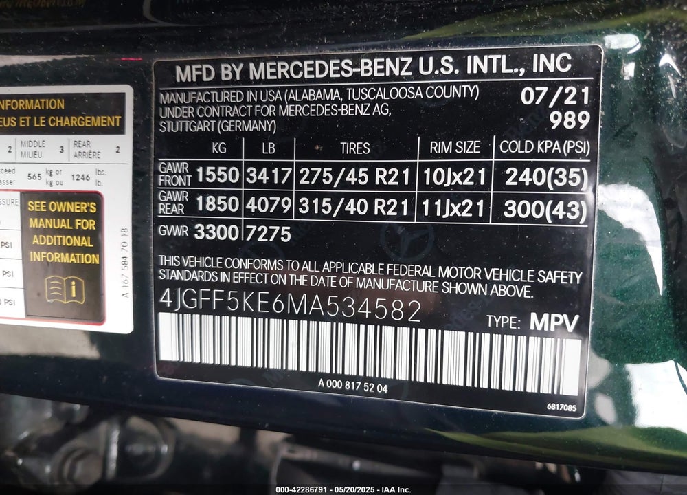 2021 MERCEDES-BENZ GLS 450 VIN: 4JGFF5KE6MA534582