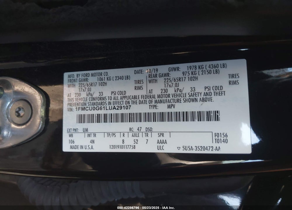 2020 FORD ESCAPE VIN: 1FMCU0G61LUA29107