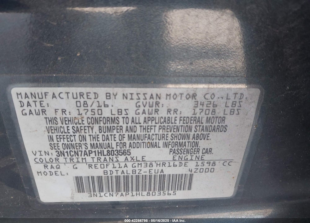 2017 NISSAN VERSA VIN: 3N1CN7AP1HL803565