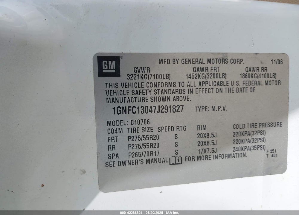 2007 CHEVROLET TAHOE LTZ VIN: 1GNFC13047J291827