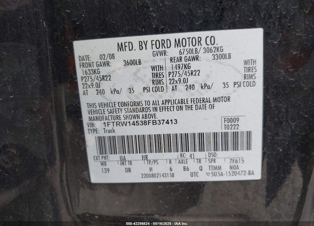 2008 FORD F-150 VIN: 1FTRW14538FB37413