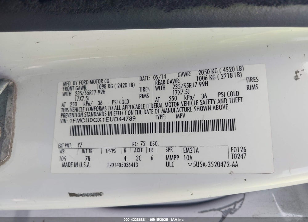2014 FORD ESCAPE SE VIN: 1FMCU0GX1EUD44789