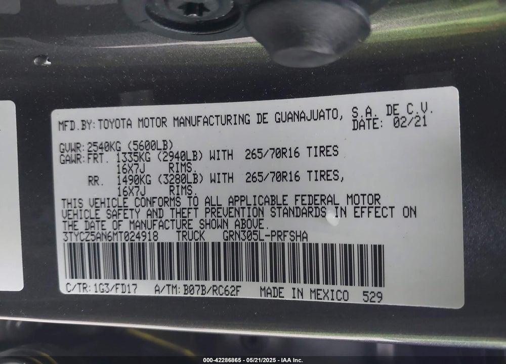 2021 TOYOTA TACOMA TRD OFF ROAD VIN: 3TYCZ5AN6MT024918