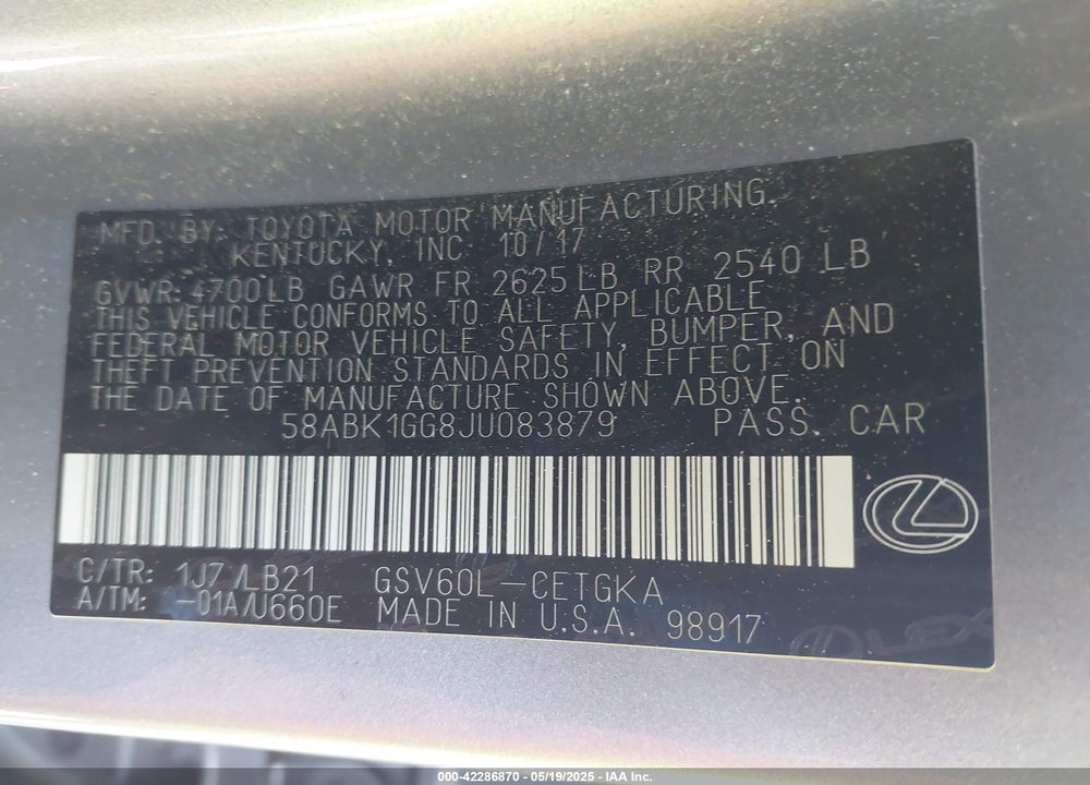 2018 LEXUS ES 350 VIN: 58ABK1GG8JU083879