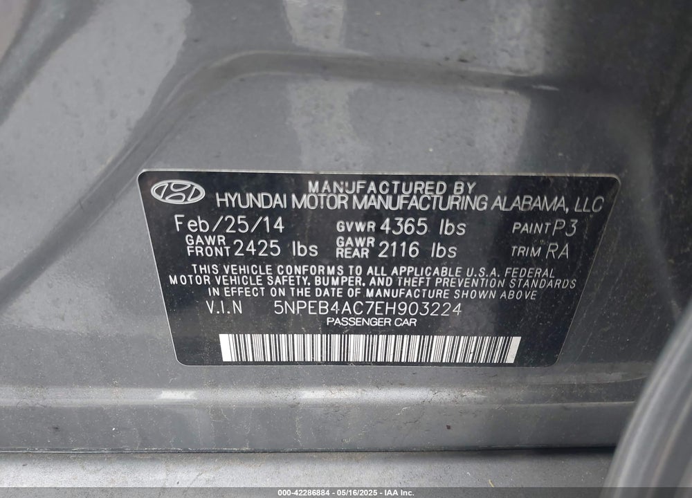 2014 HYUNDAI SONATA VIN: 5NPEB4AC7EH903224