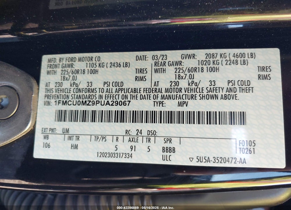 2023 FORD ESCAPE VIN: 1FMCU0MZ9PUA29067