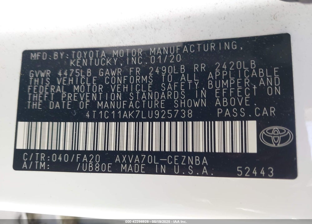 2020 TOYOTA CAMRY VIN: 4T1C11AK7LU925738