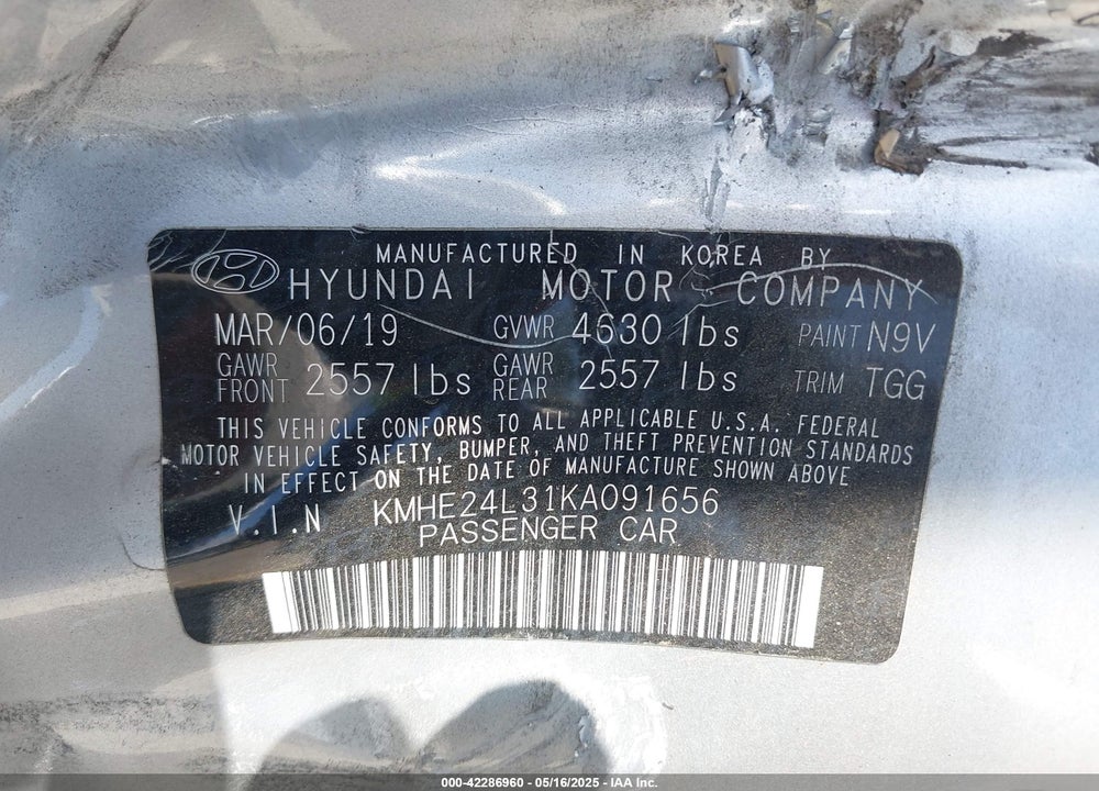 2019 HYUNDAI SONATA HYBRID VIN: KMHE24L31KA091656
