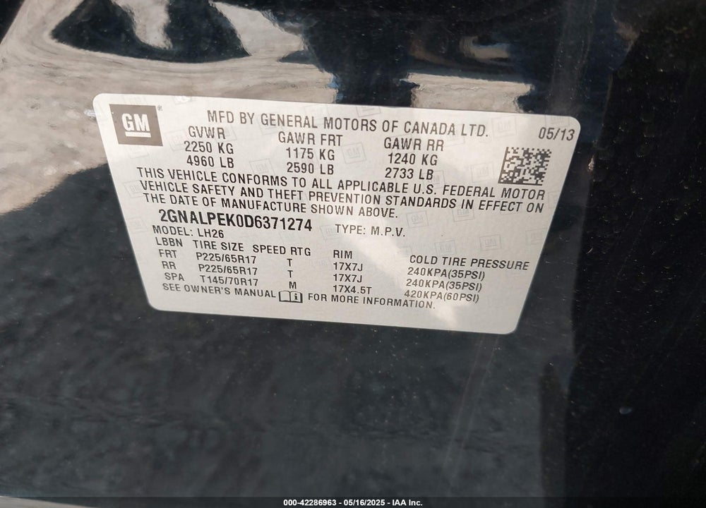 2013 CHEVROLET EQUINOX VIN: 2GNALPEK0D6371274