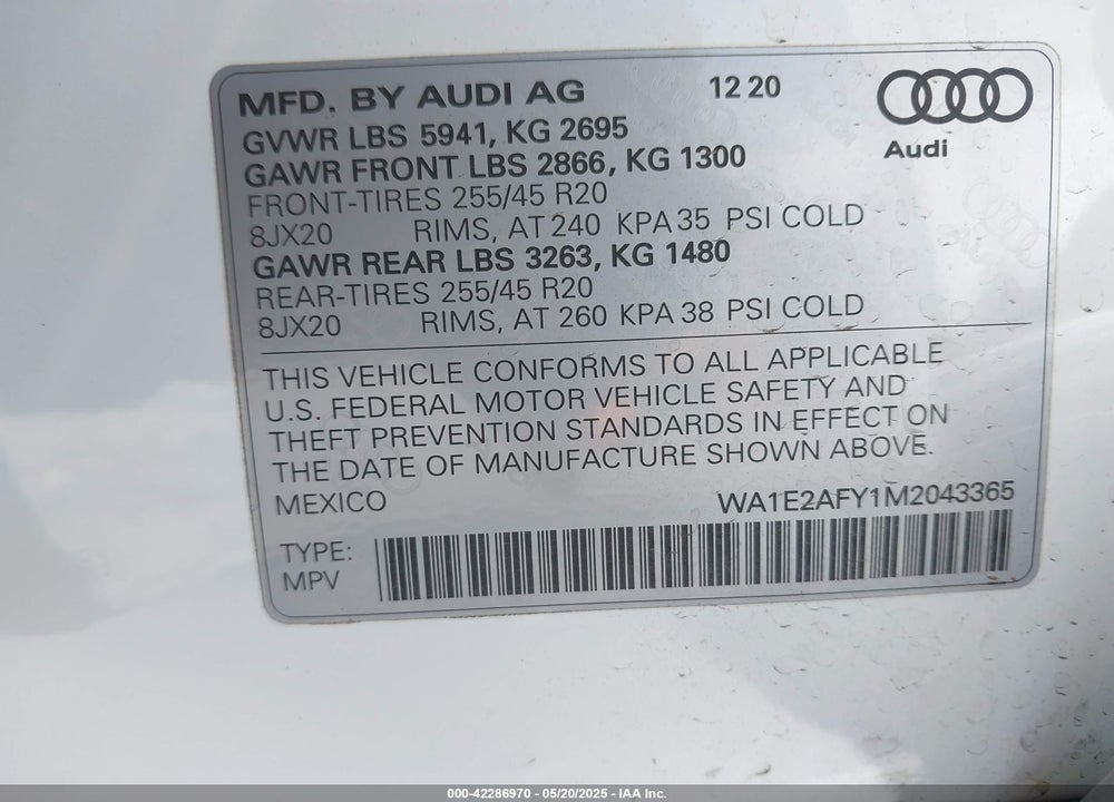 2021 AUDI Q5 VIN: WA1E2AFY1M2043365