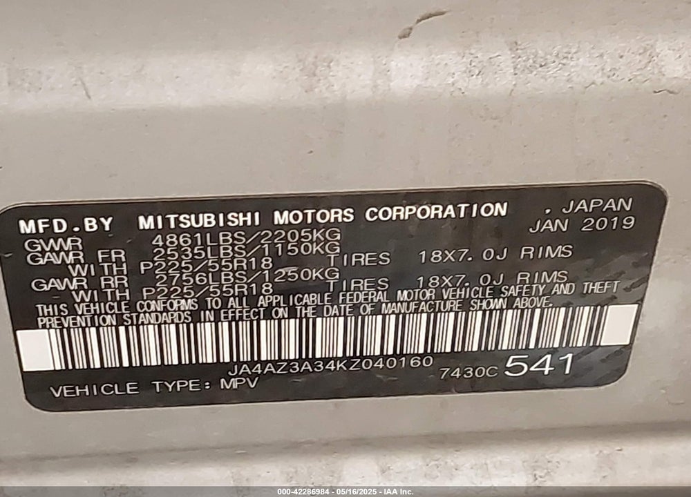 2019 MITSUBISHI OUTLANDER VIN: JA4AZ3A34KZ040160