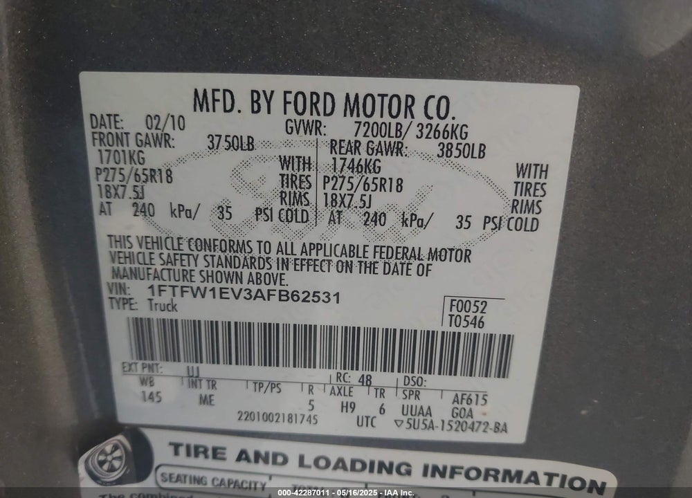 2010 HARLEY-DAVIDSON FORD F-150 FX4//KING RANCH/LARIAT/PLATINUM/XL/XLT VIN: 1FTFW1EV3AFB62531