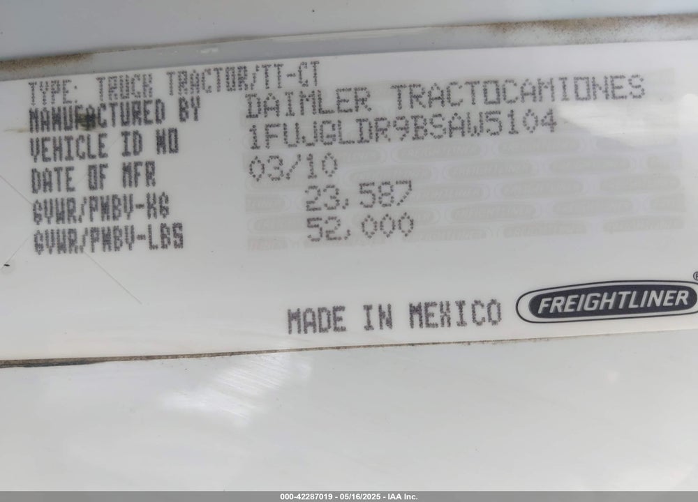 2011 FREIGHTLINER CASCADIA 125 VIN: 1FUJGLDR9BSAW5104