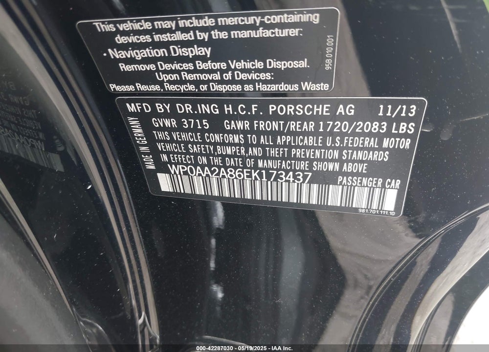 2014 PORSCHE CAYMAN VIN: WP0AA2A86EK173437