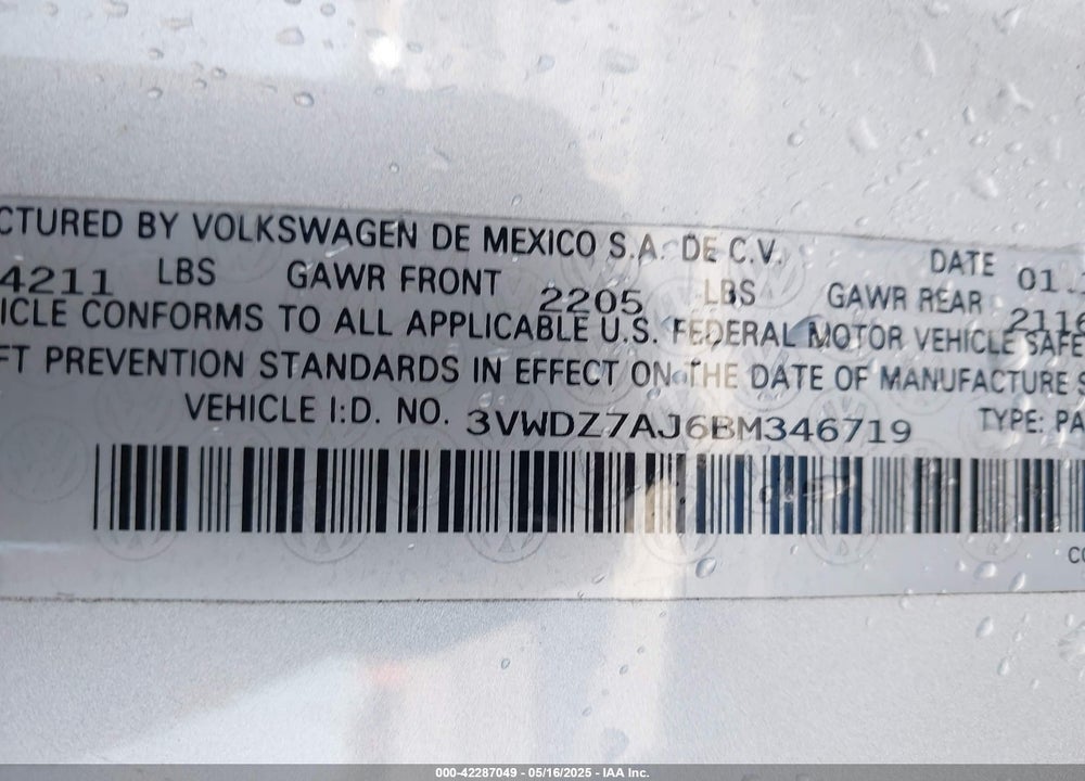 2011 VOLKSWAGEN JETTA VIN: 3VWDZ7AJ6BM346719