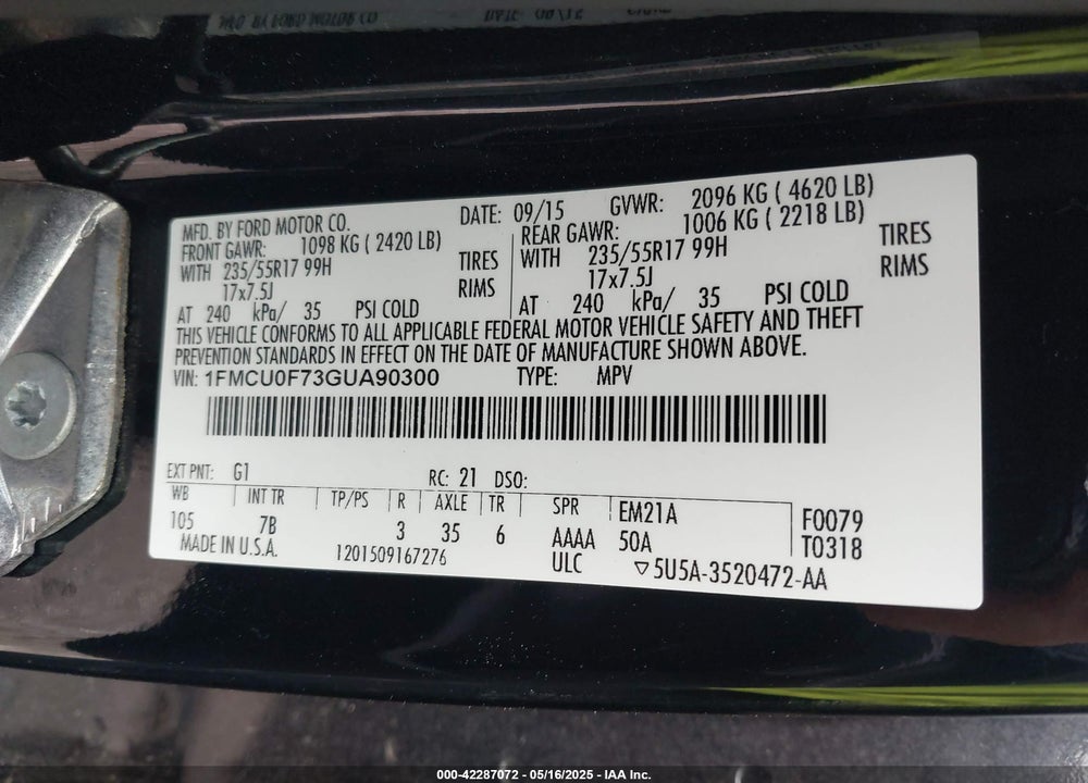 2016 FORD ESCAPE S VIN: 1FMCU0F73GUA90300