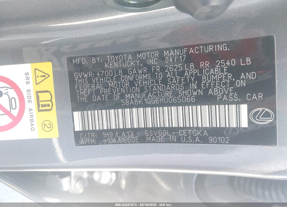 2017 LEXUS ES 350 VIN: 58ABK1GG6HU065066