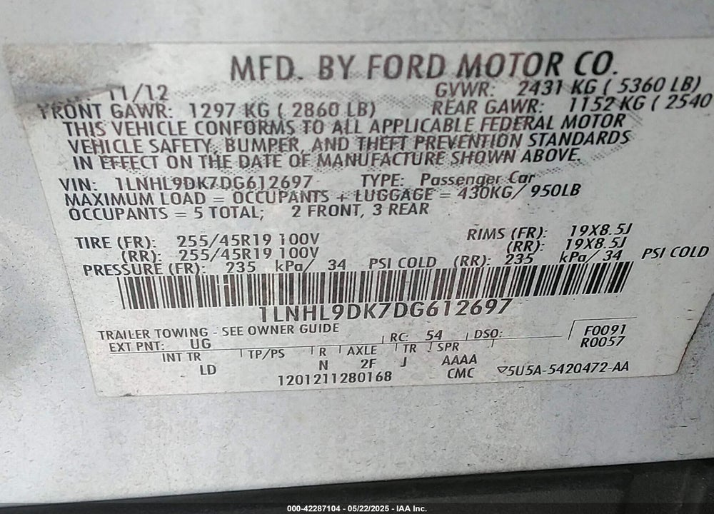 2013 LINCOLN MKS VIN: 1LNHL9DK7DG612697