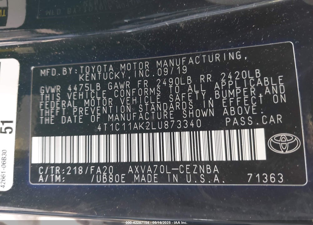 2020 TOYOTA CAMRY LE VIN: 4T1C11AK2LU873340