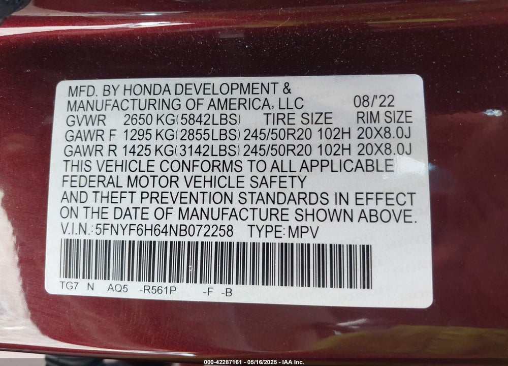 2022 HONDA PILOT VIN: 5FNYF6H64NB072258