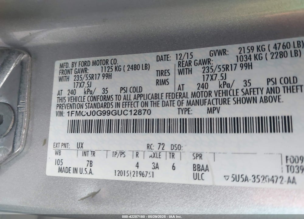 2016 FORD ESCAPE SE VIN: 1FMCU0G99GUC12870
