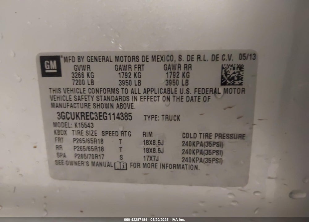 2014 CHEVROLET SILVERADO 1500 VIN: 3GCUKREC3EG114385