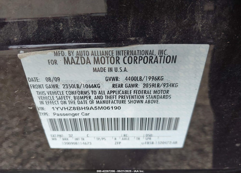 2010 MAZDA MAZDA6 VIN: 1YVHZ8BH9A5M06190