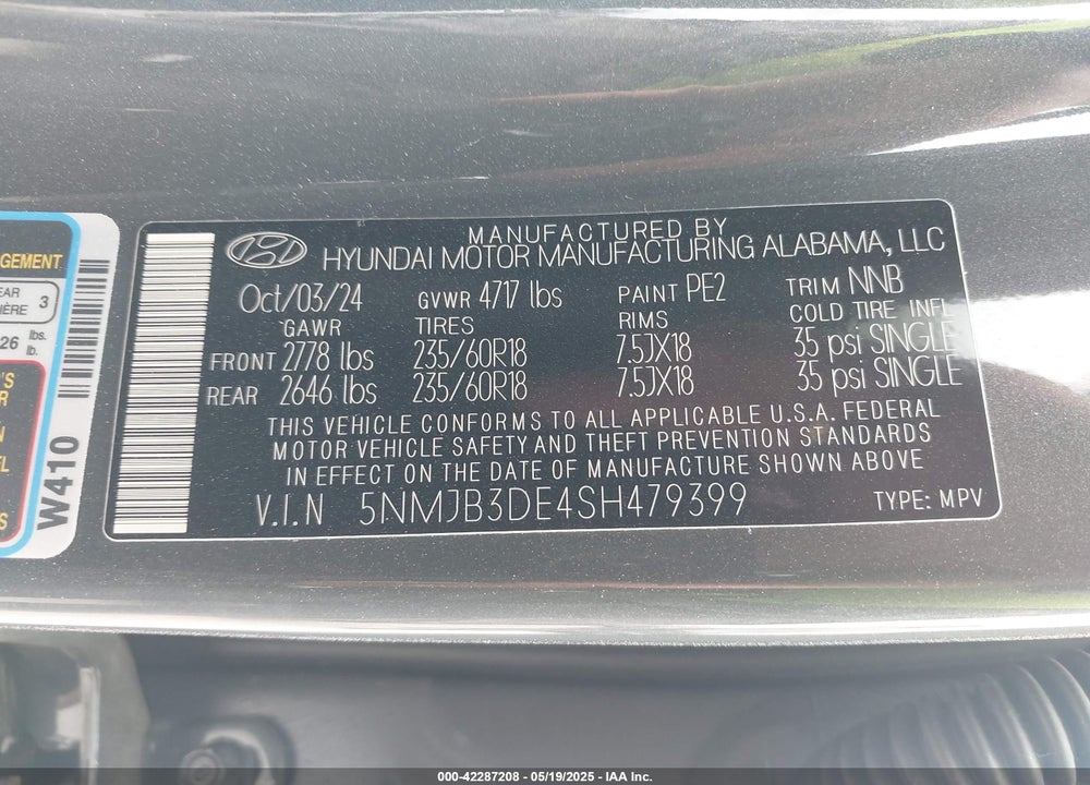 2025 HYUNDAI TUCSON VIN: 5NMJB3DE4SH479399