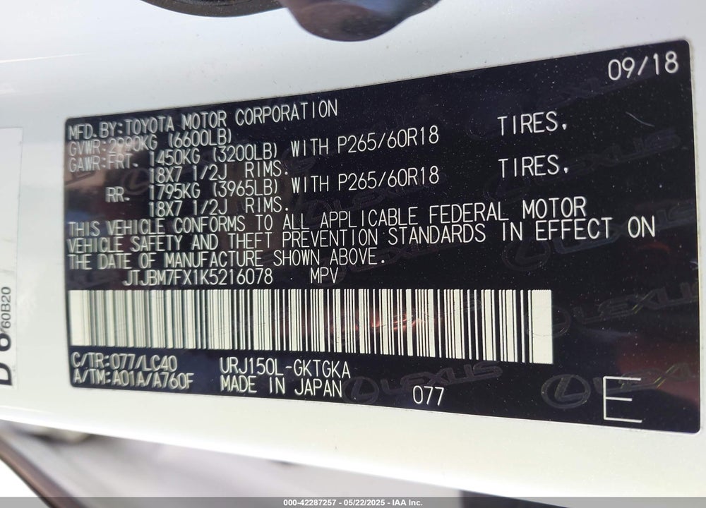 2019 LEXUS GX 460 VIN: JTJBM7FX1K5216078
