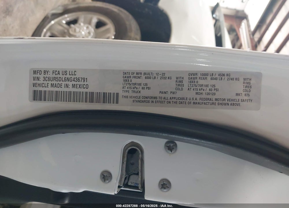 2022 RAM 2500 VIN: 3C6UR5DL6NG436791