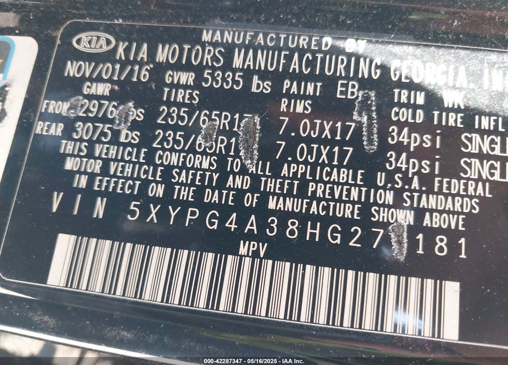 2017 KIA SORENTO 2.4L LX VIN: 5XYPG4A38HG279181