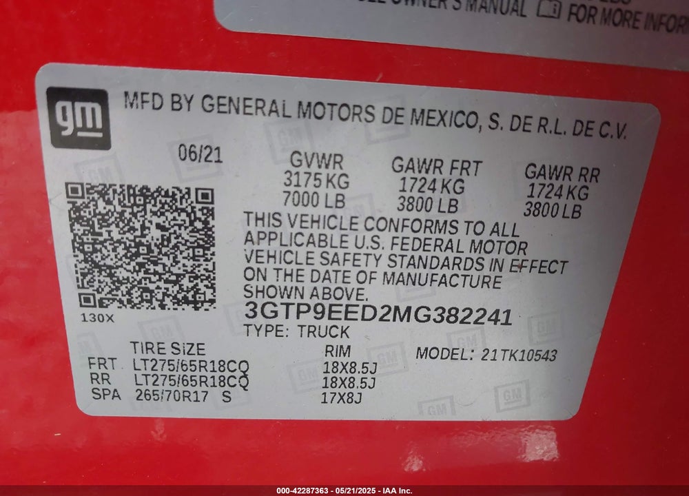 2021 GMC SIERRA 1500 VIN: 3GTP9EED2MG382241