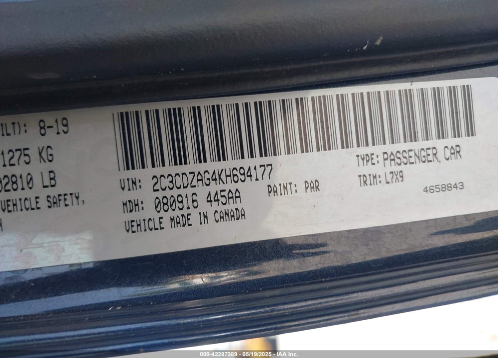 2019 DODGE CHALLENGER VIN: 2C3CDZAG4KH694177