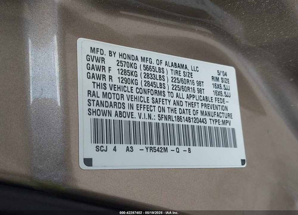 2004 HONDA ODYSSEY EX VIN: 5FNRL18614B120443