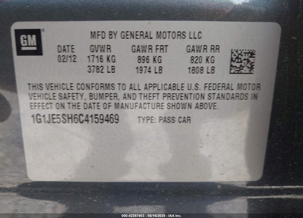 2012 CHEVROLET SONIC VIN: 1G1JE5SH6C4159469