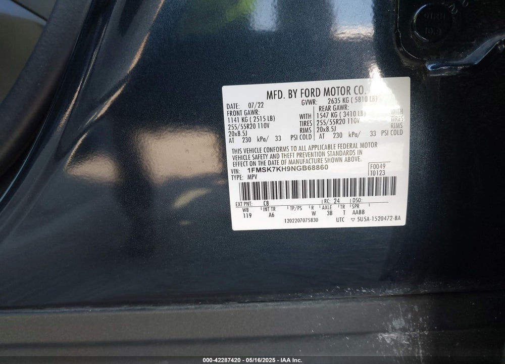 2022 FORD EXPLORER ST-LINE VIN: 1FMSK7KH9NGB68860