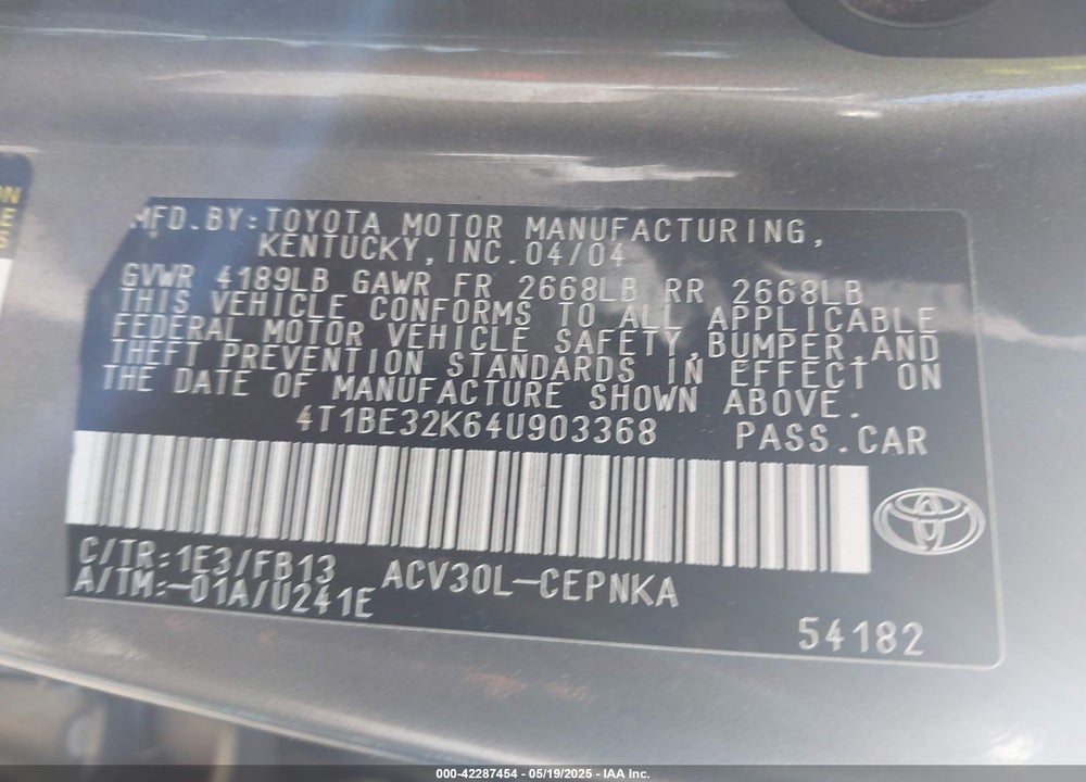 2004 TOYOTA CAMRY LE VIN: 4T1BE32K64U903368