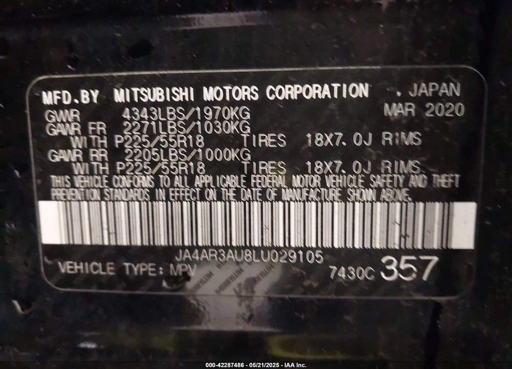 2020 MITSUBISHI OUTLANDER VIN: JA4AR3AU8LU029105