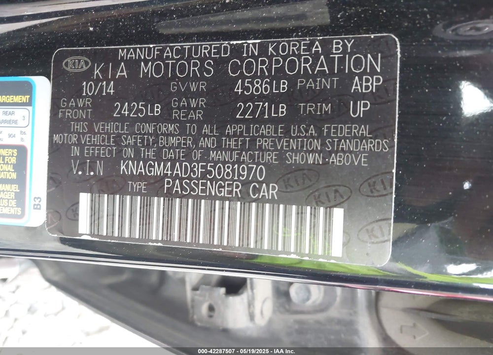 2015 KIA OPTIMA VIN: KNAGM4AD3F5081970